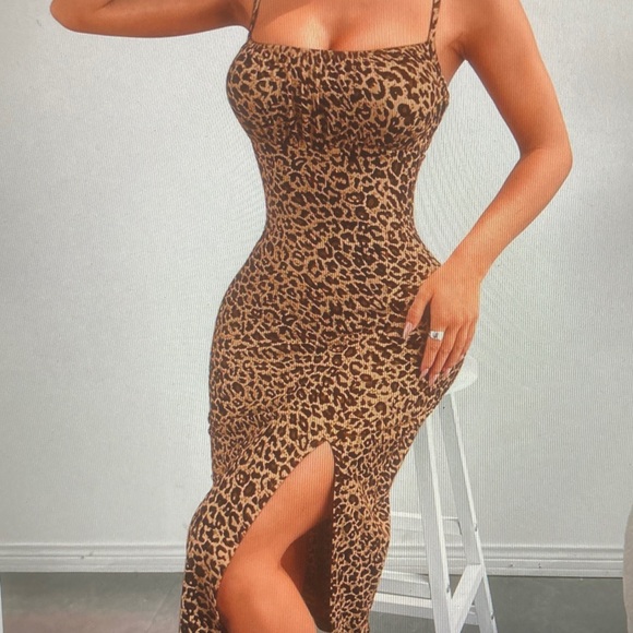 Dresses & Skirts - Leopard Print Spaghetti Strap Midi Dress - Brown